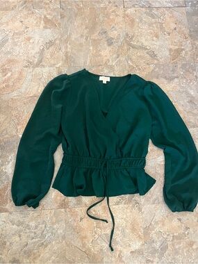 Deep Emerald Surplice Peplum Blouse with Waist Tie